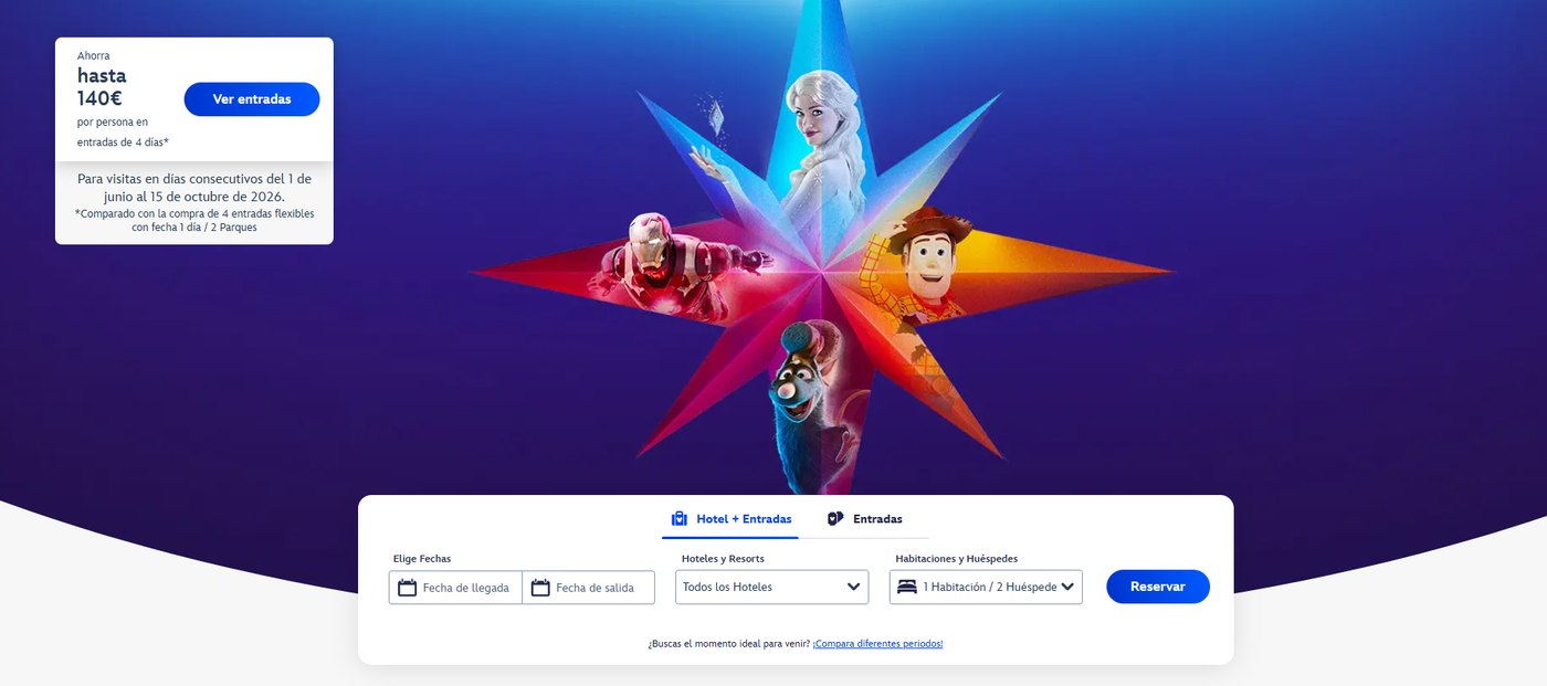 Buscador de la web de Disneyland Paris® con las pestanas Hotel + Entradas y Entradas