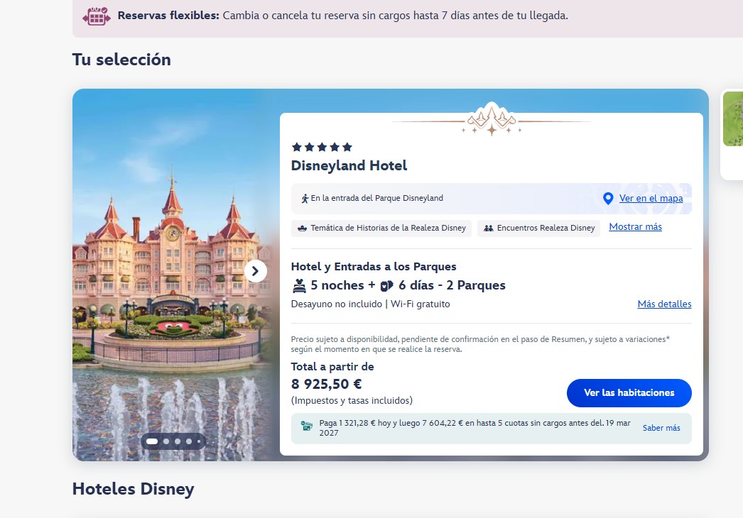 Ficha del Disneyland Hotel con el aviso de cancelacion sin cargos hasta 7 dias antes
