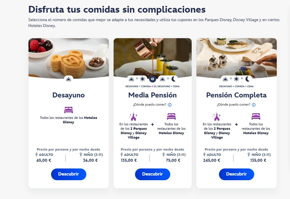 Los tres planes de comida con sus precios por persona y noche