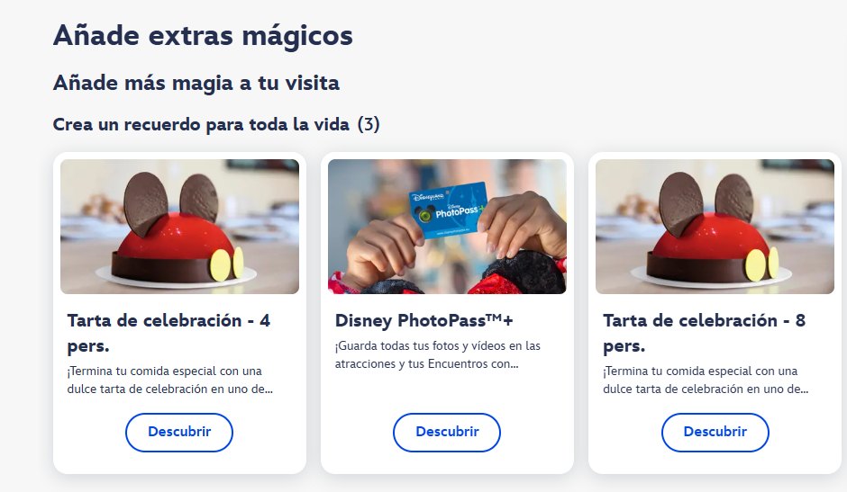 Extras de recuerdo: tarta de celebracion para 4 y 8 personas, y Disney PhotoPass+
