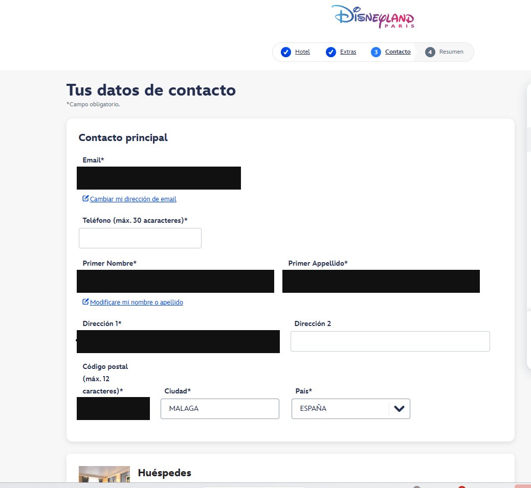 Formulario de datos de contacto, con los datos personales tapados